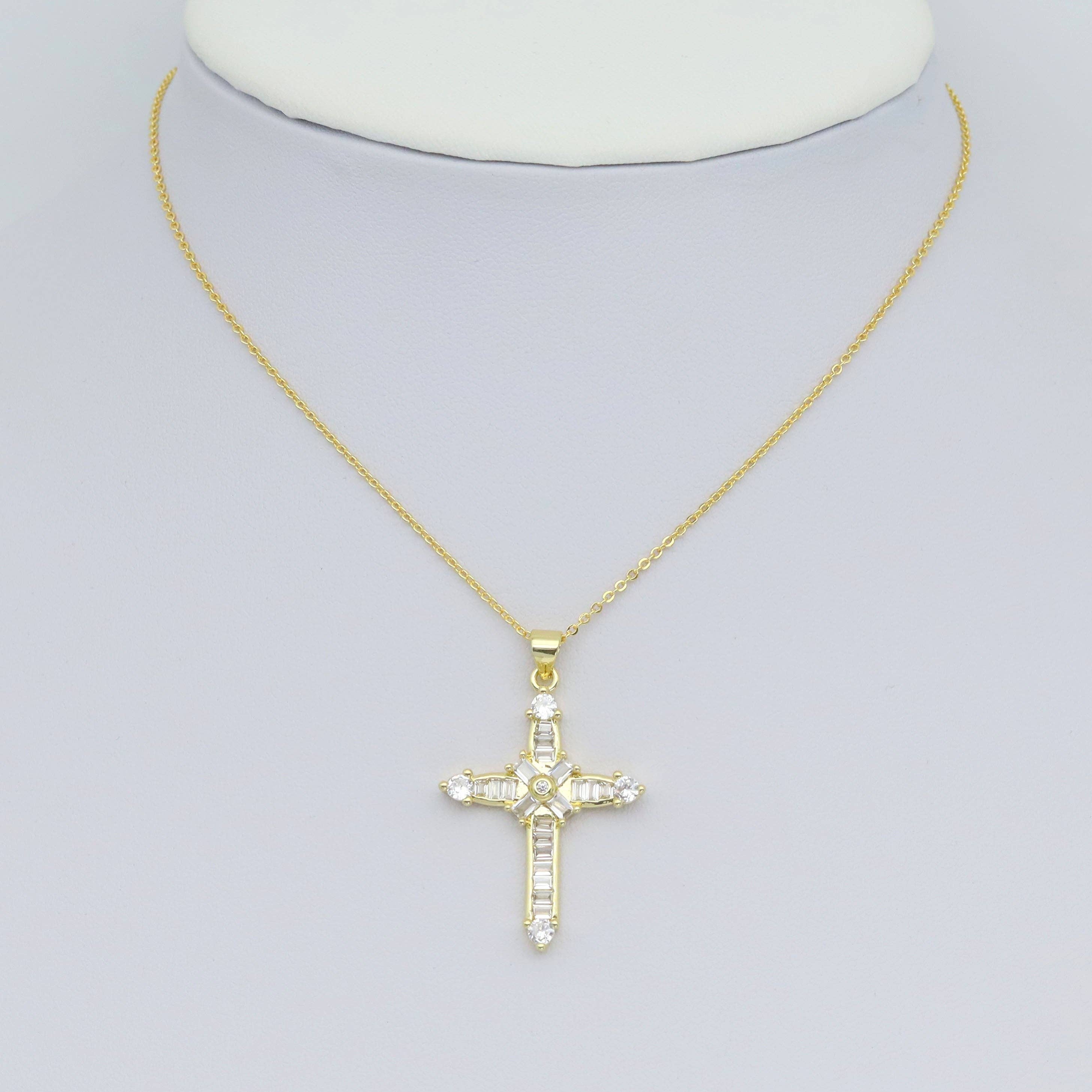 Gold Clear Baguette CZ Cross Charm Pendant, Sku#LD638