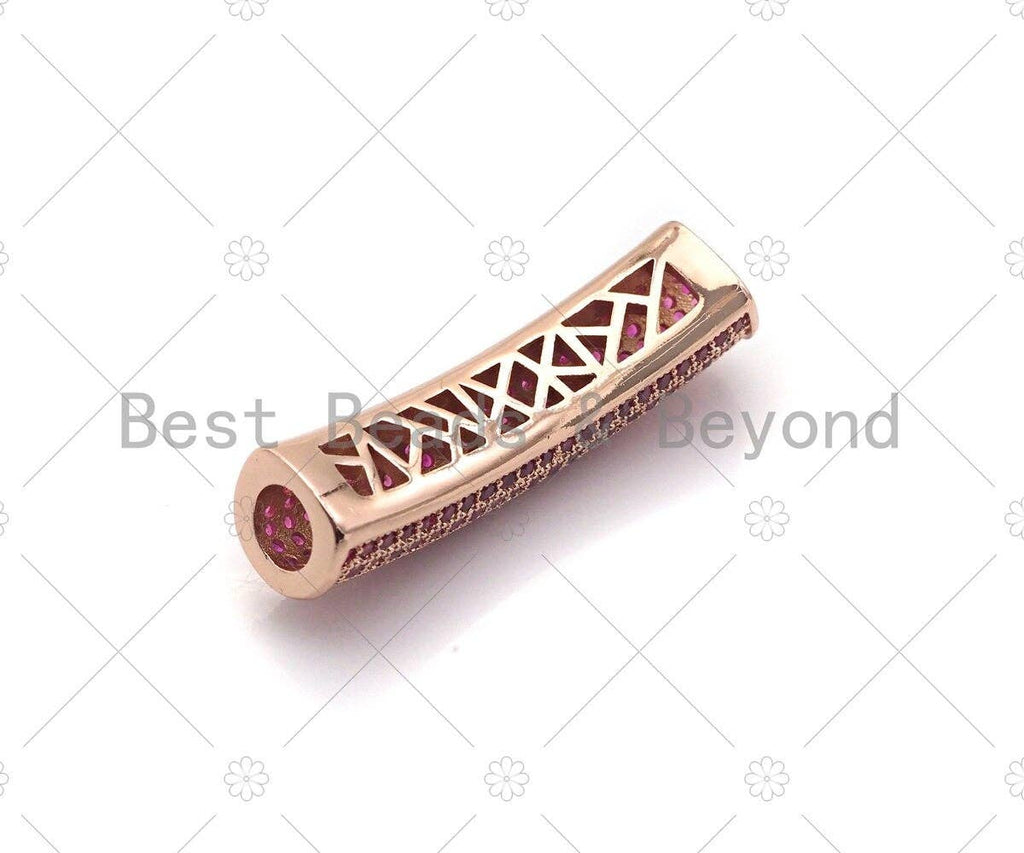 Fuchsia CZ Micro Pave Half Full Pave Tube for Bracelet/Necklace, CZ Spacer Tube in Silver/Gold/Rose Gold/Black, Tube Beads, 38x8mm,sku#ML09