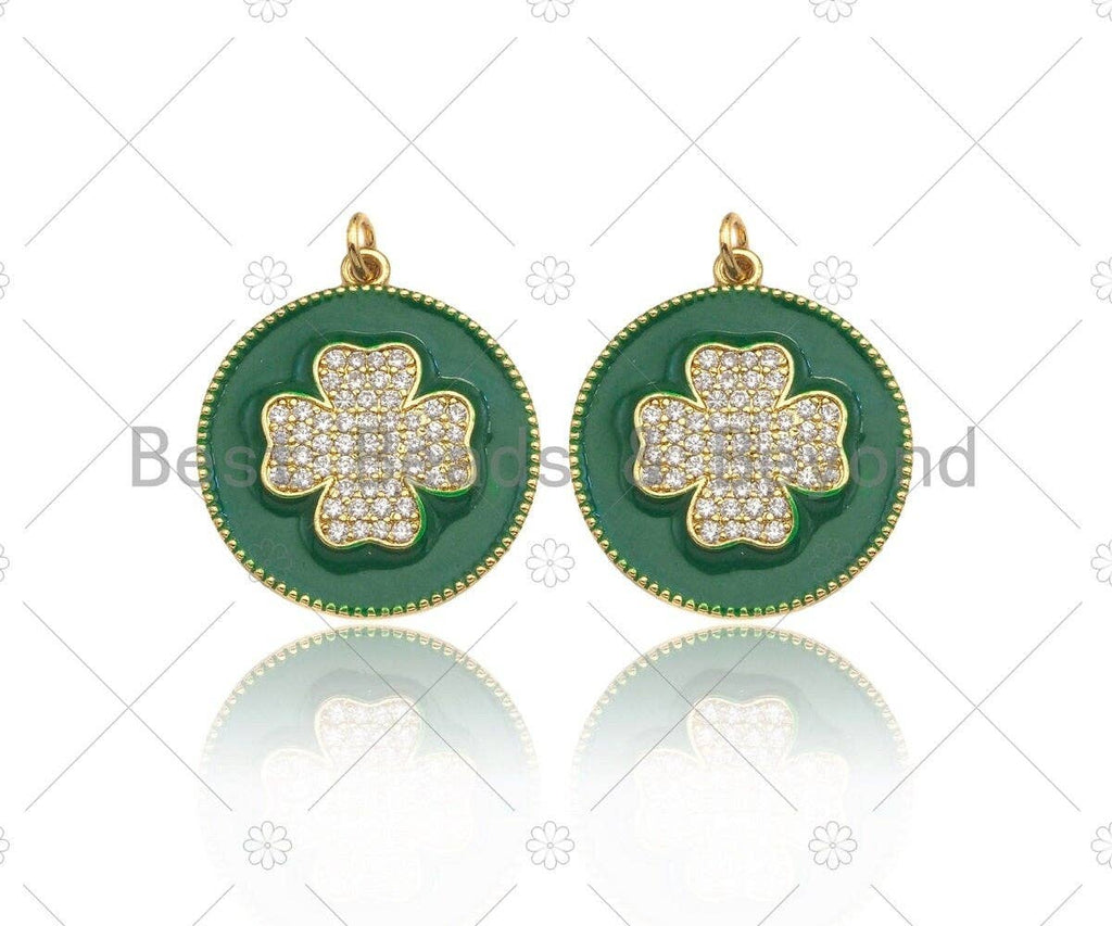 CZ Gold Clover On Green/Pink/Black/White/Red/Blue Enamel Round Coin Shape Pendant, 18K Gold Enamel Charm, Enamel Jewelry, 25x28mm,Sku#B131