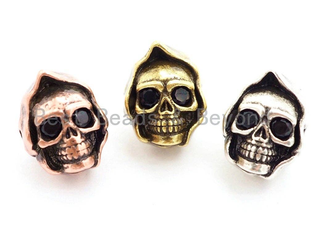 Antique Gold/Silver/Copper Skull with Hat Bead, CZ Pave Double Face Skull, Men's Bracelet Beads, Skull Charm, 10x13x10mm, 1pc, sku#Y137