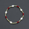 Freshwater Pearl with Red Coral Gold Hematite Stretchy Bracelet, Sku#EF679