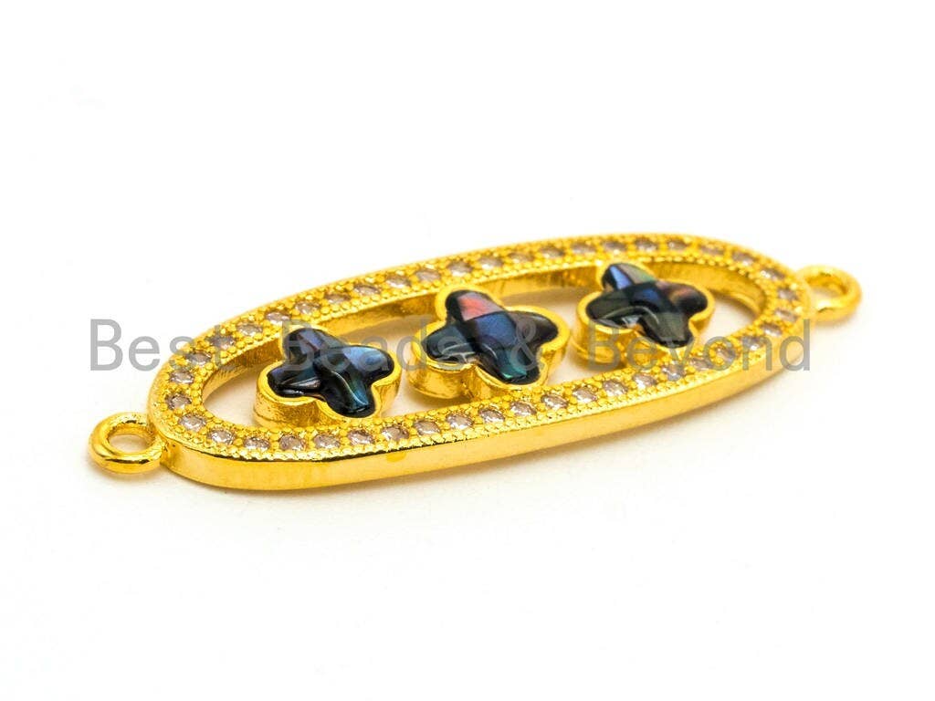 CZ Micro Pave NATURAL Abalone Clover Oval Shaped Connector, Cubic Zirconia Abalone Link Connector Charm,10x32mm, 1pc, sku#Z36