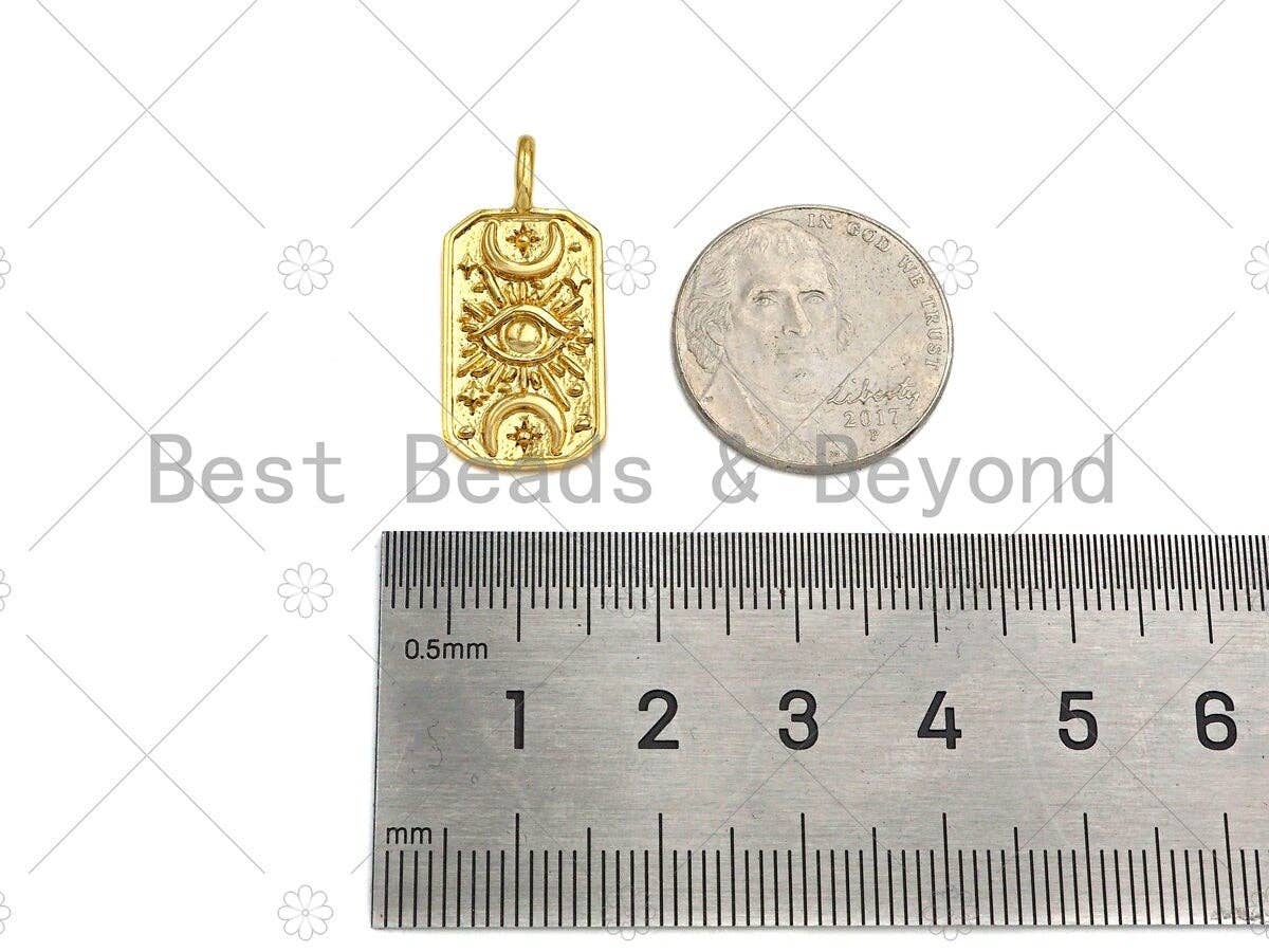 18K Gold Evil Eye Moon On Rectangle Shape Pendant, Gold Medallion Charm, Necklace Bracelet Charm Pendant,12x26mm,Sku#Z1324