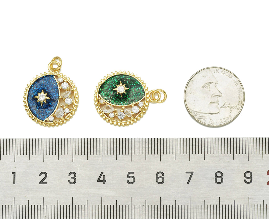 Clear CZ  Enamel Moon Star Charm, Sku#F1456C