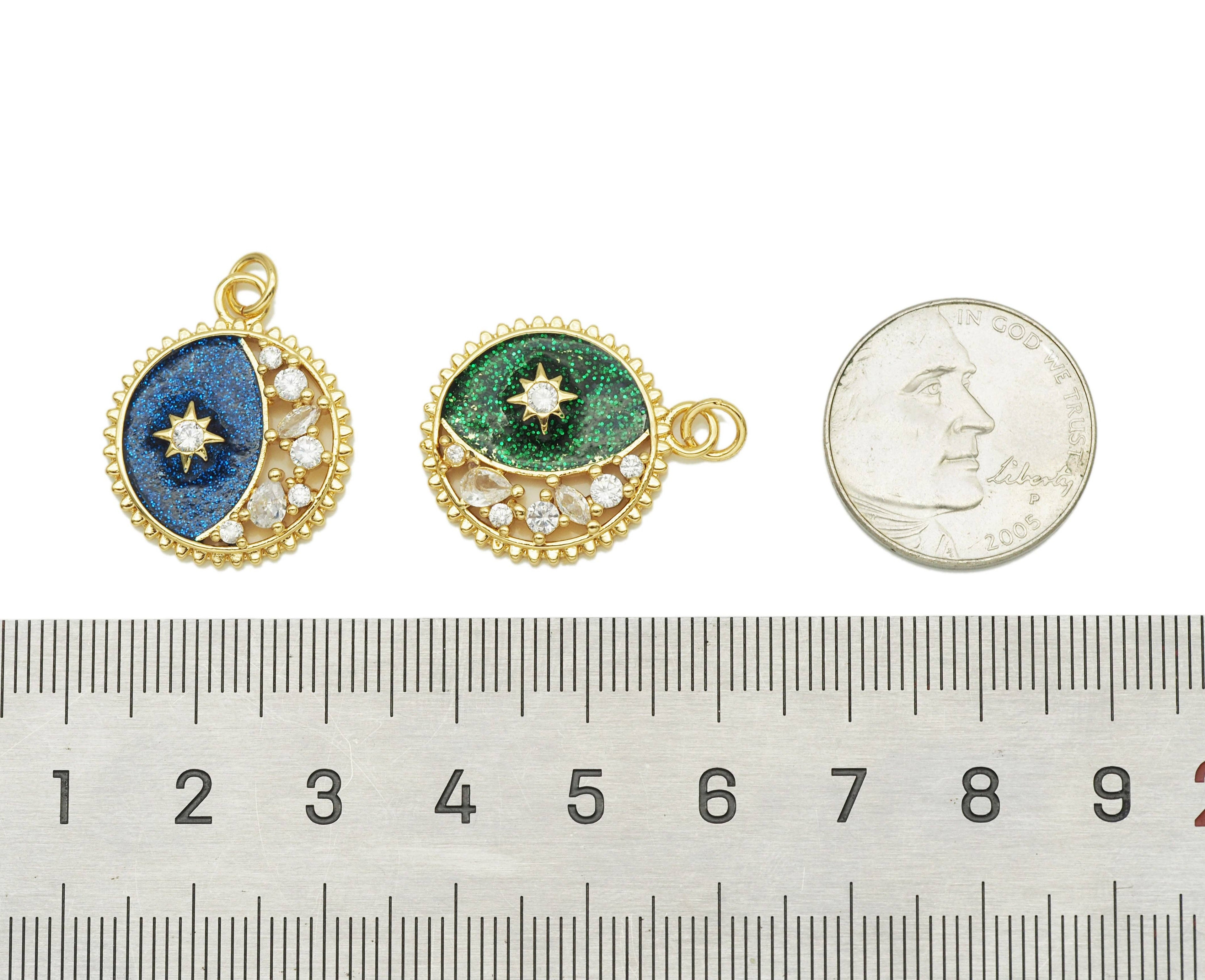 Clear CZ  Enamel Moon Star Charm, Sku#F1456C