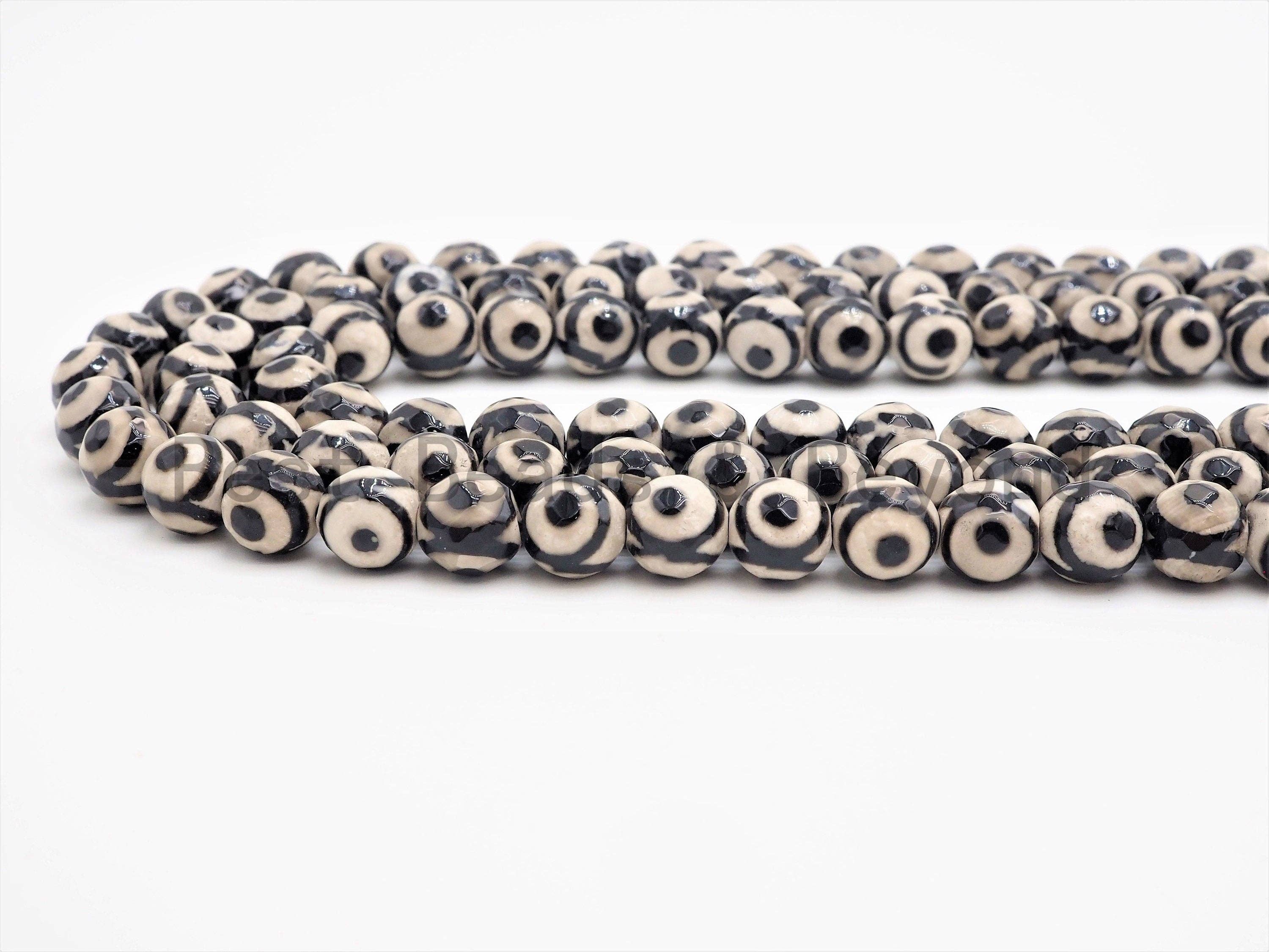 Quality Dzi Black Aage Eye Beads,  Round Faceted Evil Eye Tibetan Agate, 6mm/8mm/10mm/12mm beads, 15.5inch strand, SKU#U409