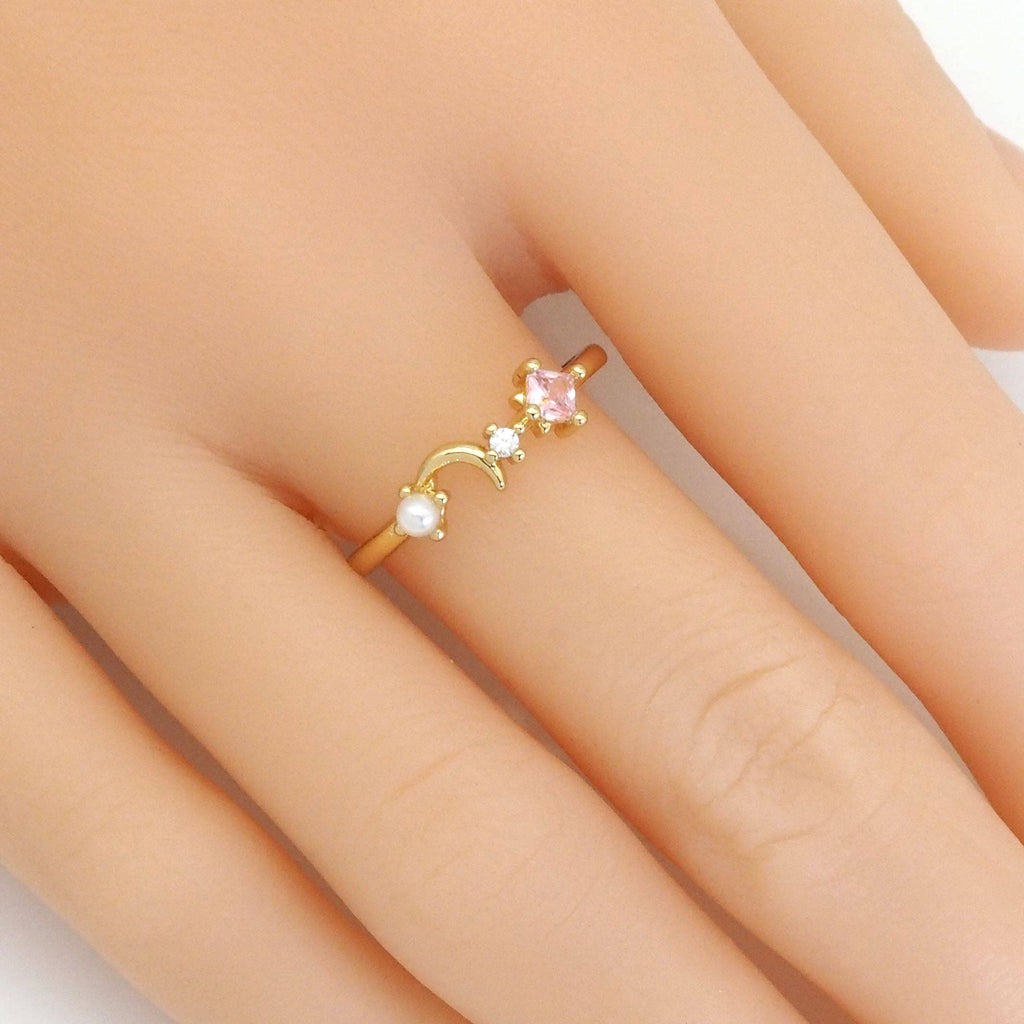 Gold CZ Moon Star Adjustable Ring, Sku#LD451