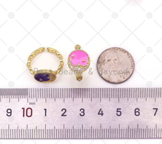 CZ Micro Pave Cresent Moon Star On Enamel Round Coin Adjustable Ring, 18K Gold Filled Oval Link Open Ring, Statement Ring, Sku#JD15
