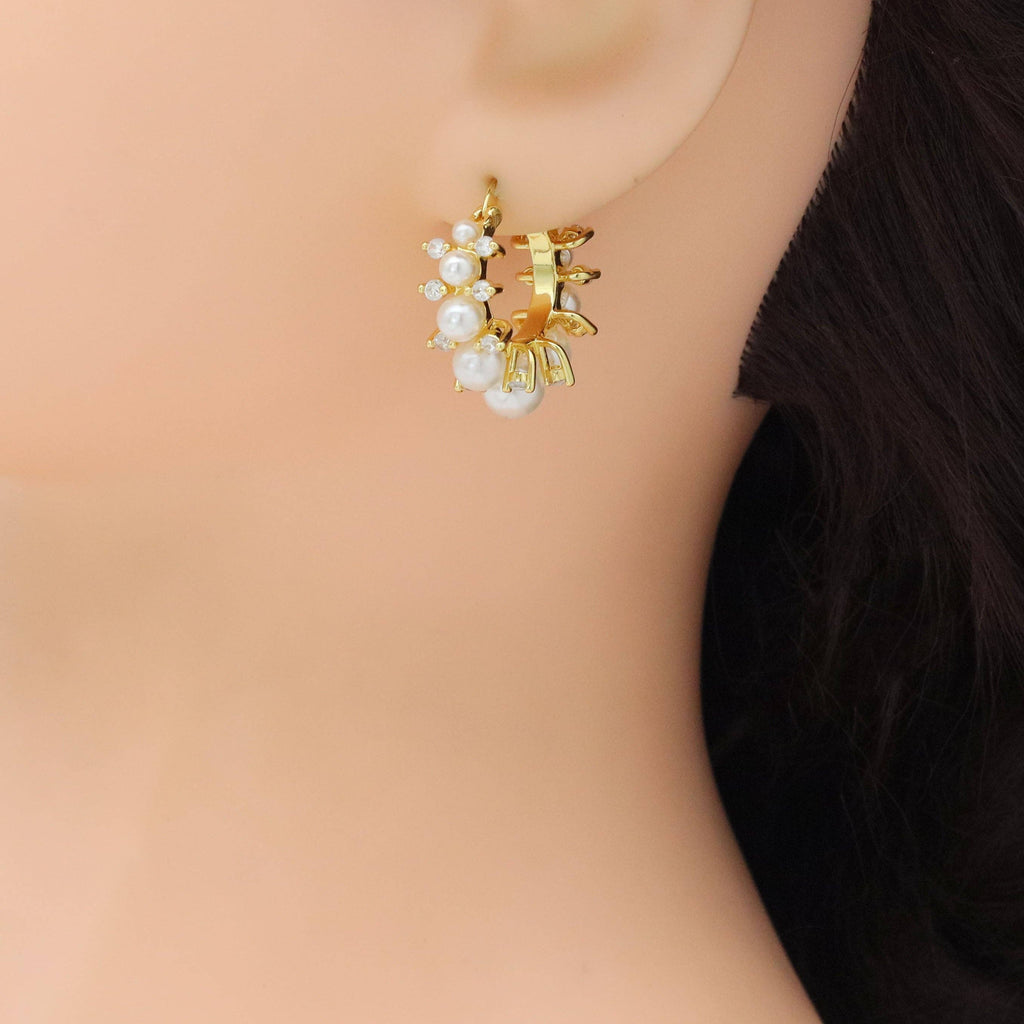 Graduate White Pearl CZ Hoop Earrings, Sku#LD635