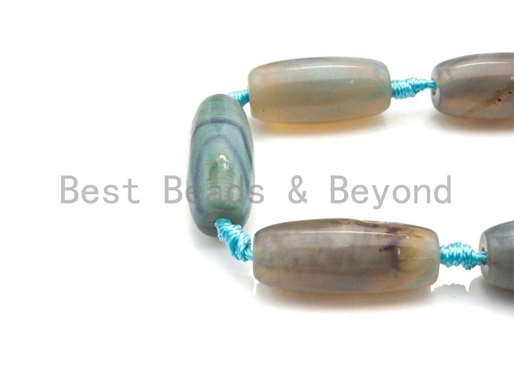 1pc/10pc Natural Agate Long Barrel Spacer Beads, Blue Brown Agate Spacer Beads, 14x30mm, sku#U885