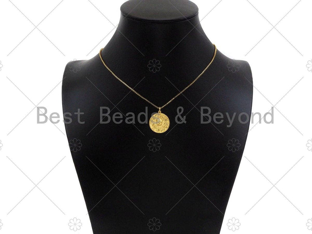 18K Dainty Gold Skull On Round Coin Shape Pendant,Gold Medallion Skull Charm,Necklace Bracelet Charm Pendant,18x20mm,Sku#Z1305