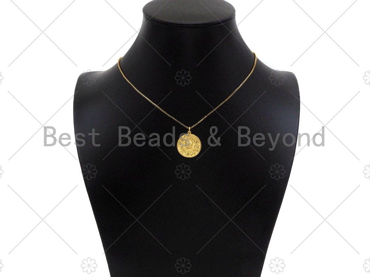 18K Dainty Gold Skull On Round Coin Shape Pendant,Gold Medallion Skull Charm,Necklace Bracelet Charm Pendant,18x20mm,Sku#Z1305