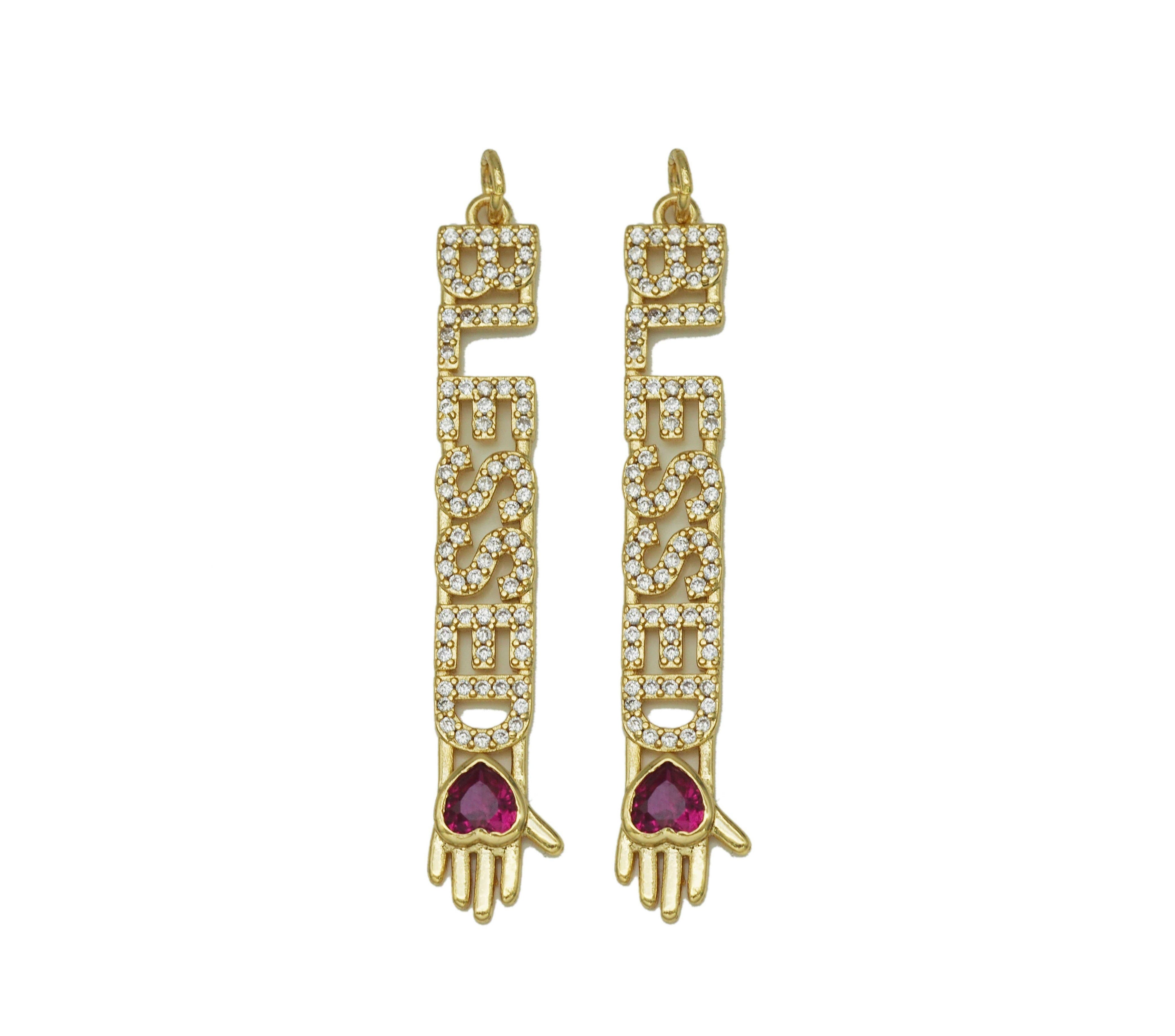 CZ Blessed Words with Hand Shape Charm, Sku#F1489