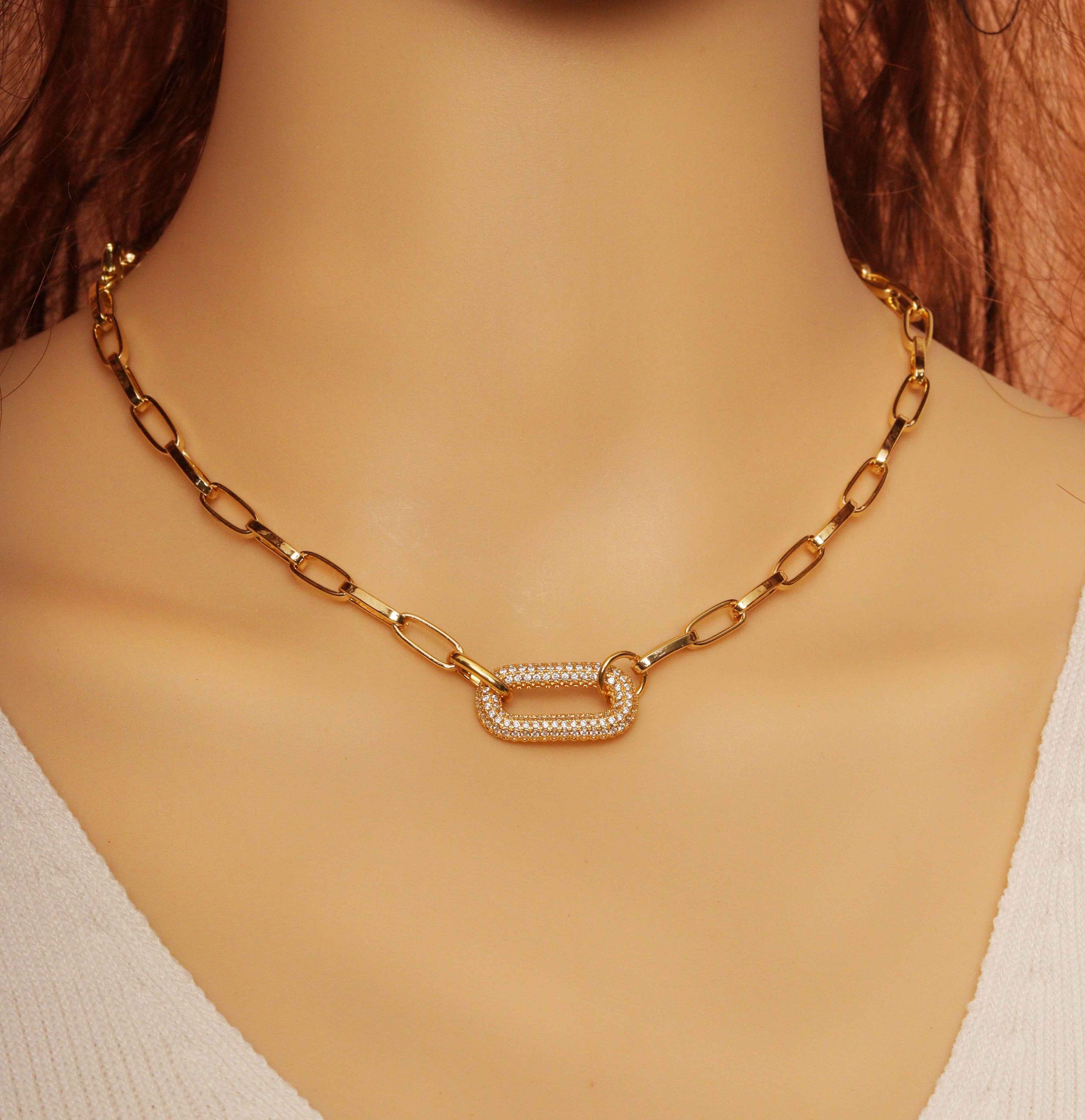 Gold Paper Clip Chain CZ Oval Link Necklace, sku#EF262