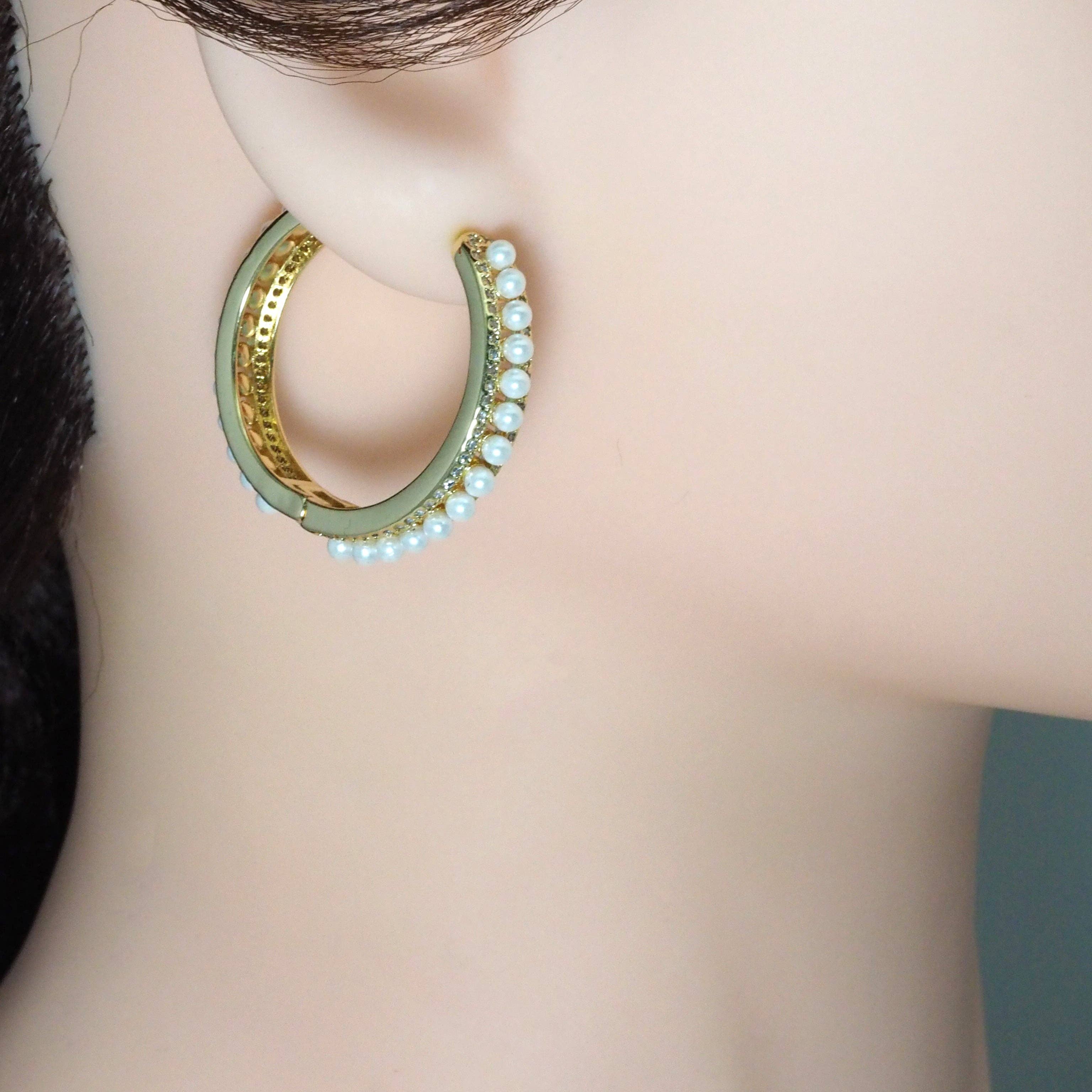 CZ Pearl Round Hoop Earrings, Sku#LD386