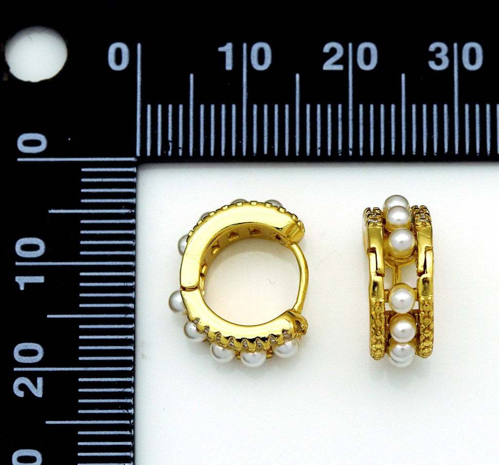 CZ Gold Pearl Huggie Earrings, Sku#Y732