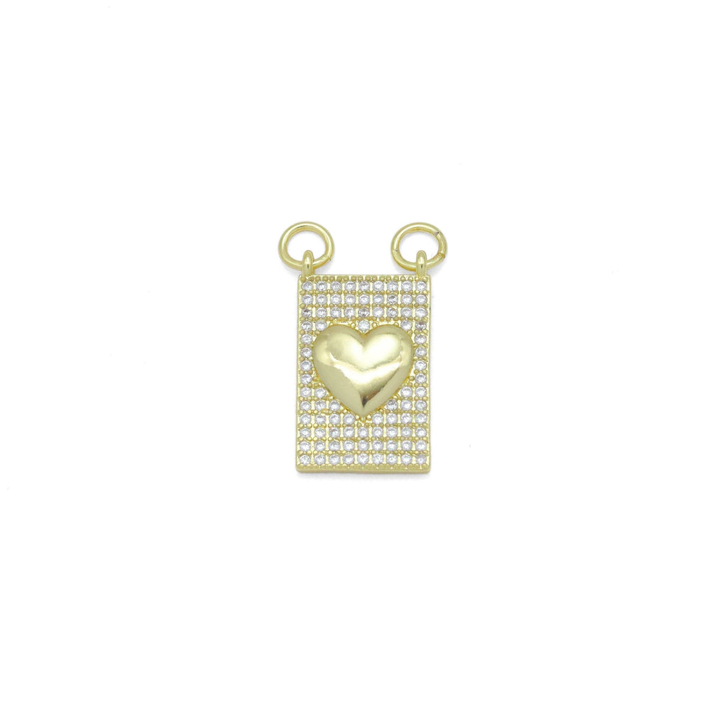 Gold Clear CZ Heart On Rectangle Charm Pendant, Sku#LK984