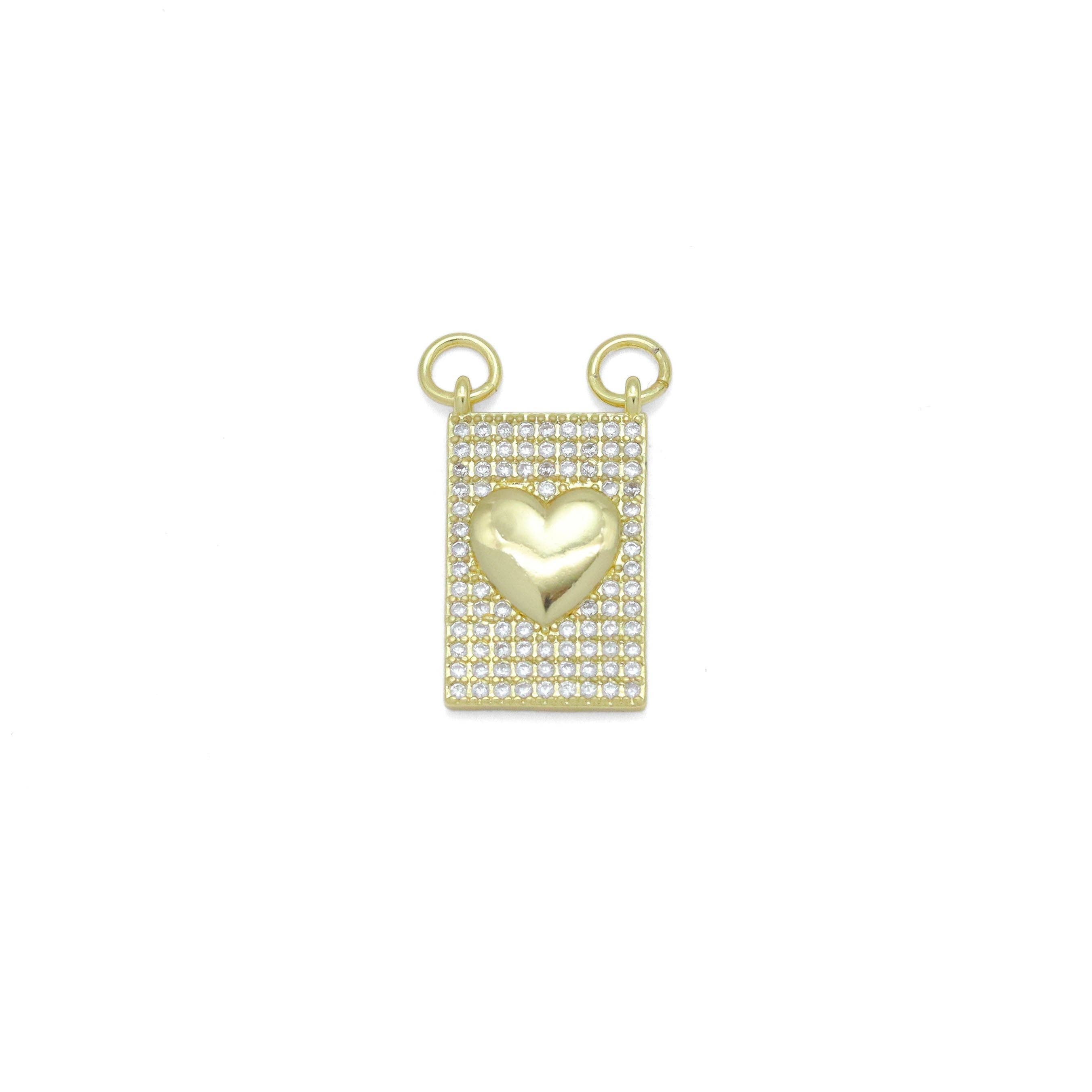 Gold Clear CZ Heart On Rectangle Charm Pendant, Sku#LK984