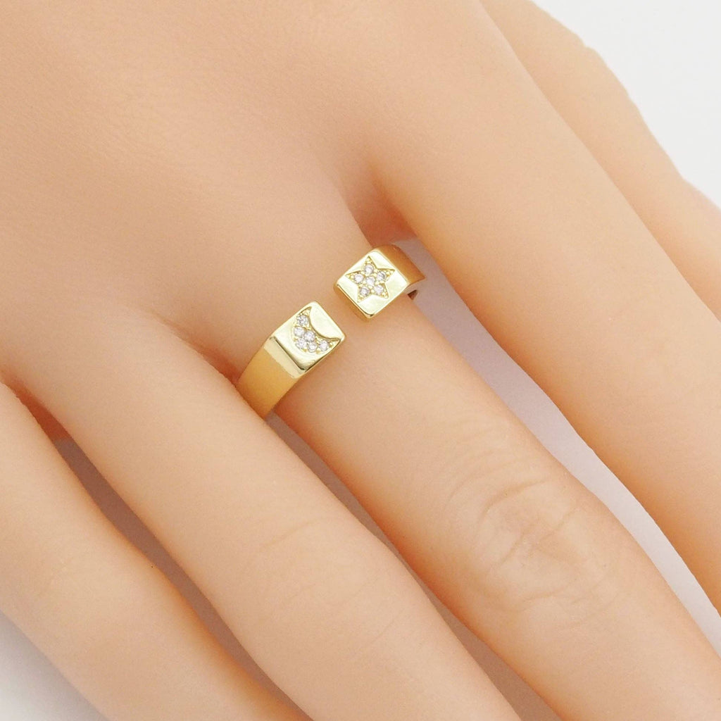CZ Gold Cresent Moon Star Adjustable Ring, Sku#Y900