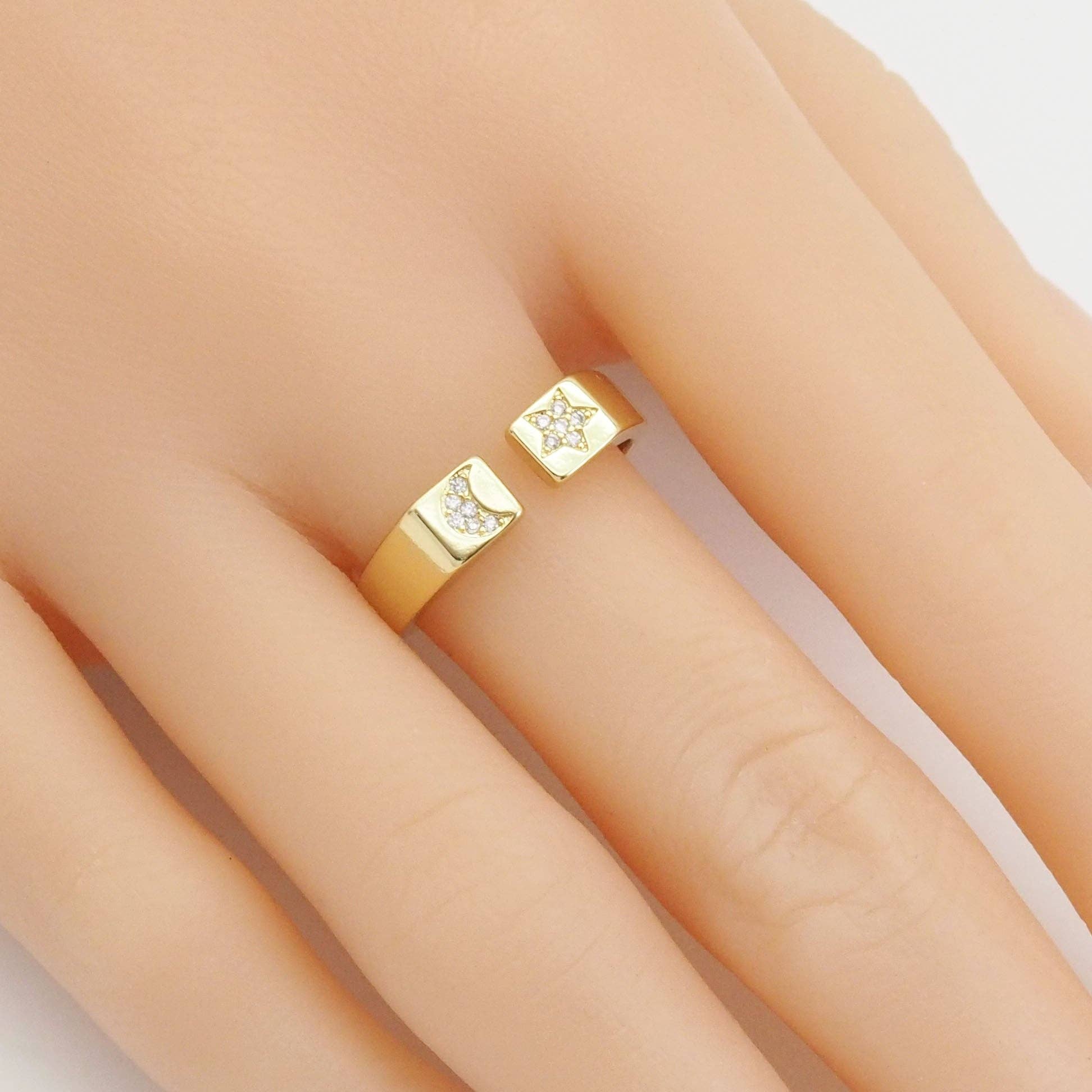 CZ Gold Cresent Moon Star Adjustable Ring, Sku#Y900