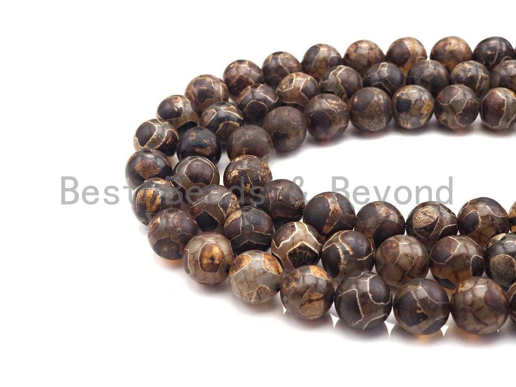 Natural Tibetan Agate Football Line Beads, Dzi Agate beads, 10mm/12mm Round Tibetan Agate, 15.5" Full Strand, sku#U857