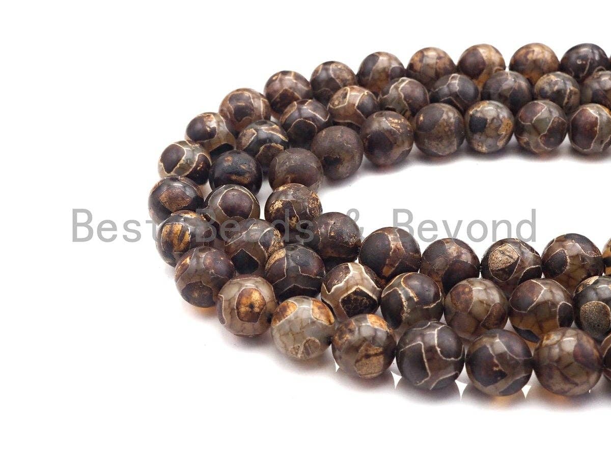 Natural Tibetan Agate Football Line Beads, Dzi Agate beads, 10mm/12mm Round Tibetan Agate, 15.5" Full Strand, sku#U857
