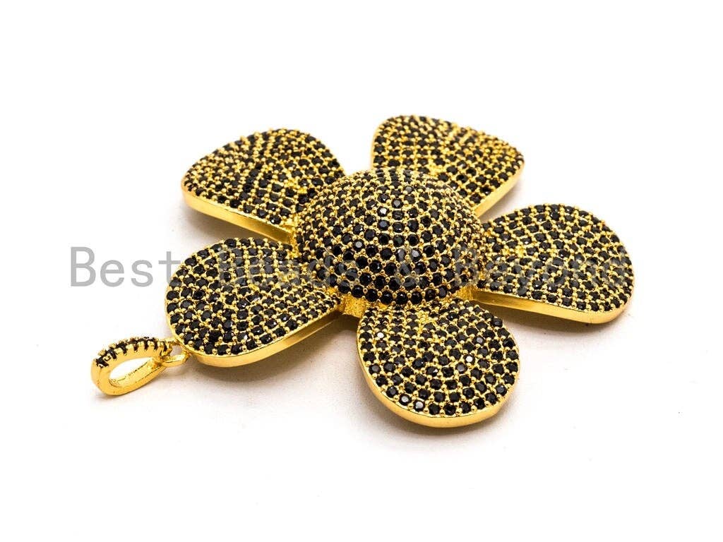 48x58mm CZ Micro Pave Large Daisy Flower Pendant, Black Cubic Zirconia Pave Mega Floral Pendant in Gold Black Finish,sku#F355