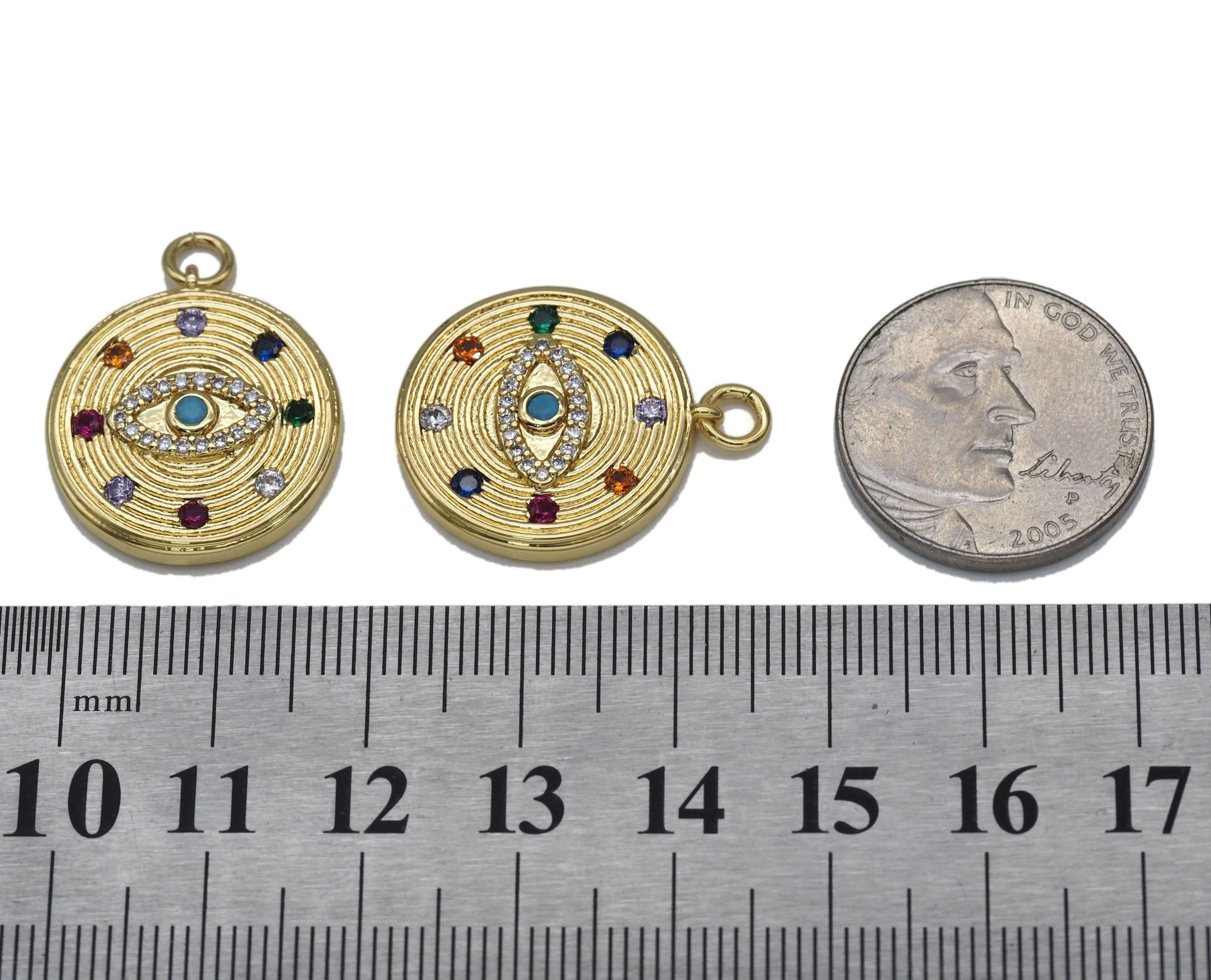 Gold Colorful CZ Evil Eye On Round Coin Charm, Sku#LX98