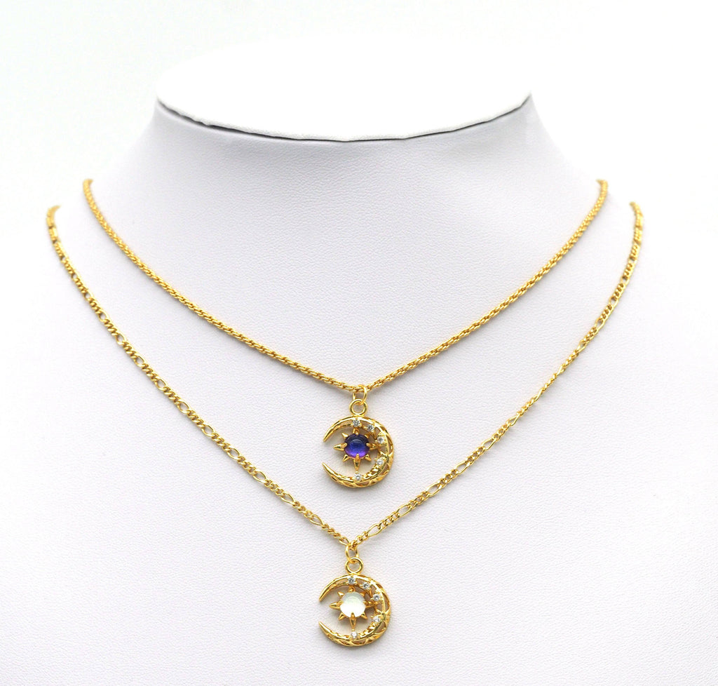 Gold CZ Colorful Star On Cresent Moon Charm, Sku#Y704