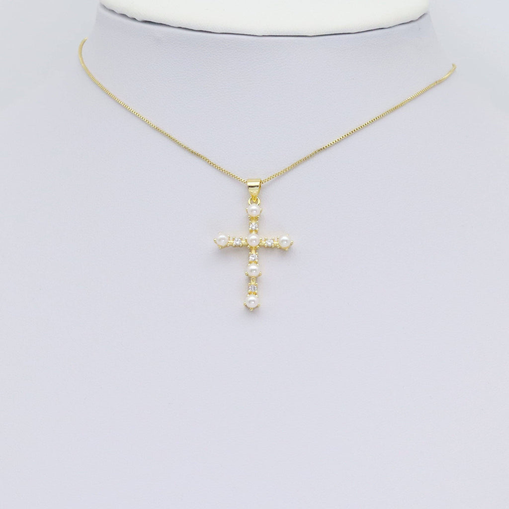 CZ Gold White Pearl Cross Charm, Sku#Z1478