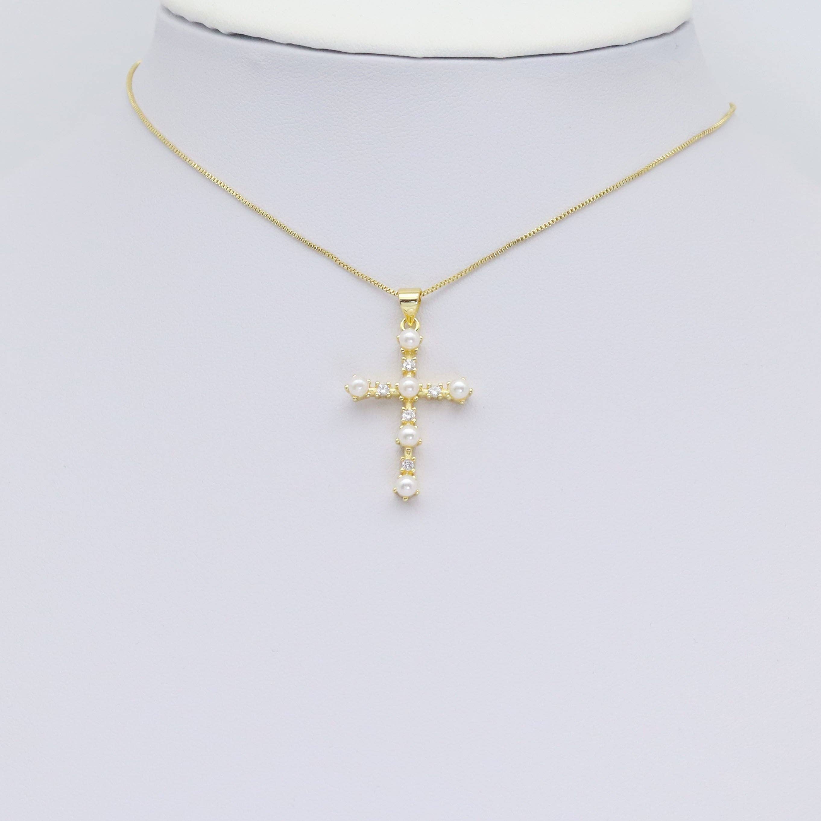 CZ Gold White Pearl Cross Charm, Sku#Z1478