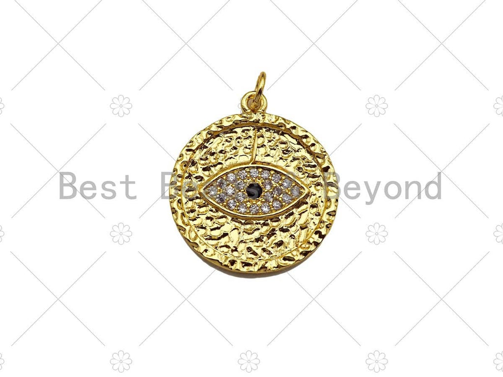 18K Gold Silver Pave Evil Eye Coin Shape Pendant/Charm, Protection Eye Bracelet Necklace Charm, Evil Eye Pendant Charm, 21mm,sku#Z1246