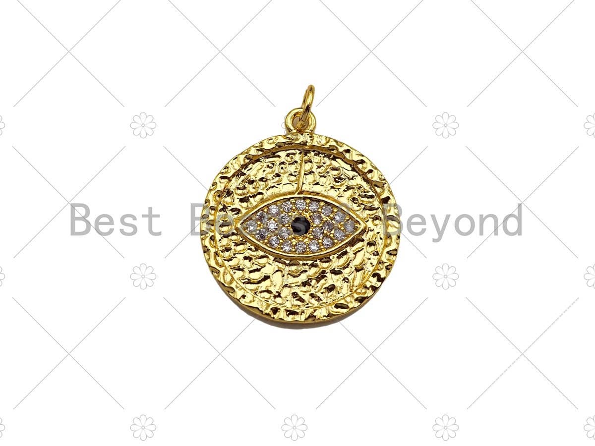 18K Gold Silver Pave Evil Eye Coin Shape Pendant/Charm, Protection Eye Bracelet Necklace Charm, Evil Eye Pendant Charm, 21mm,sku#Z1246