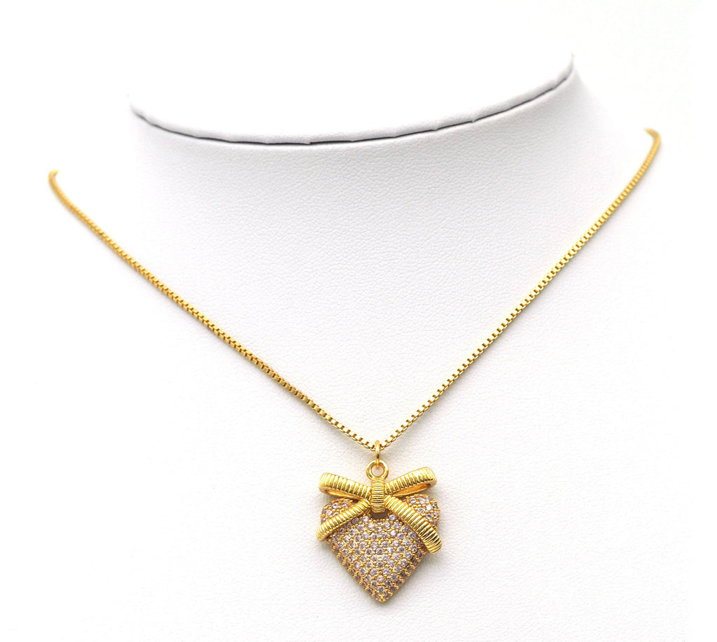 Pink CZ bow Heart Charm, Sku#Y623
