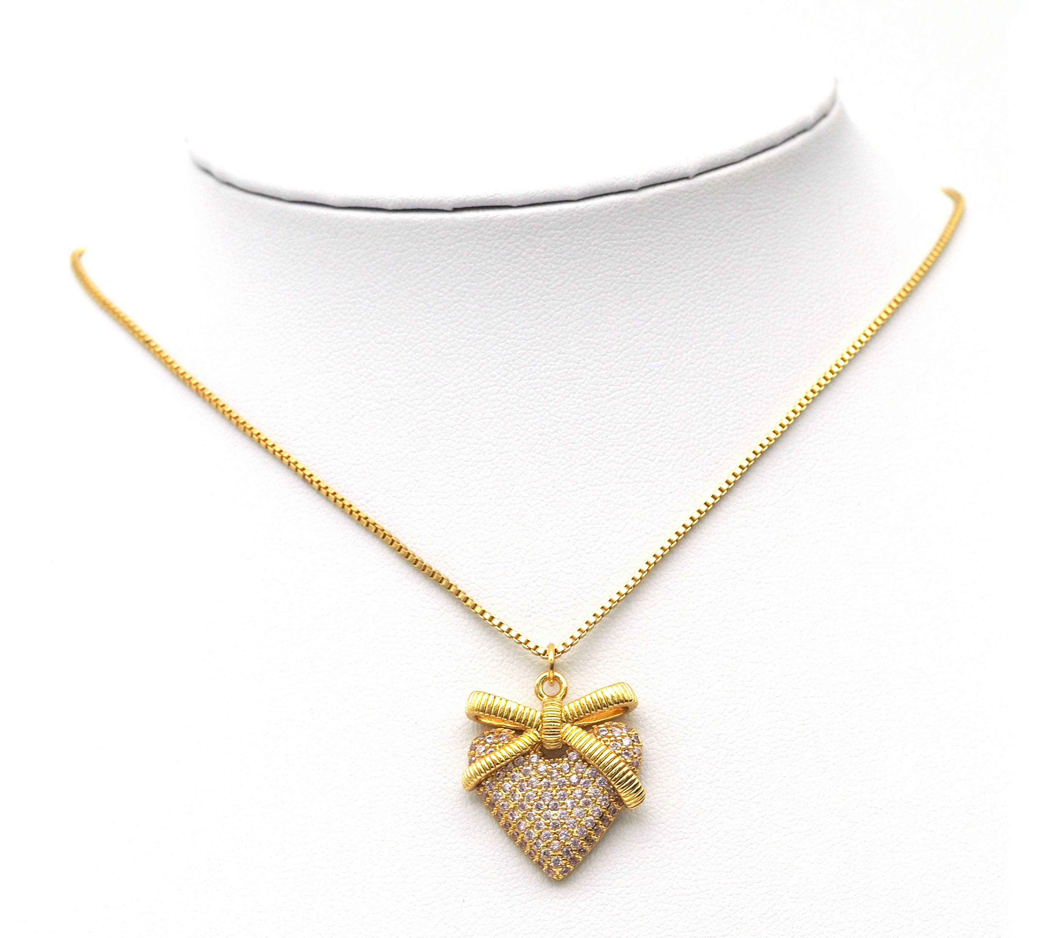 Pink CZ bow Heart Charm, Sku#Y623