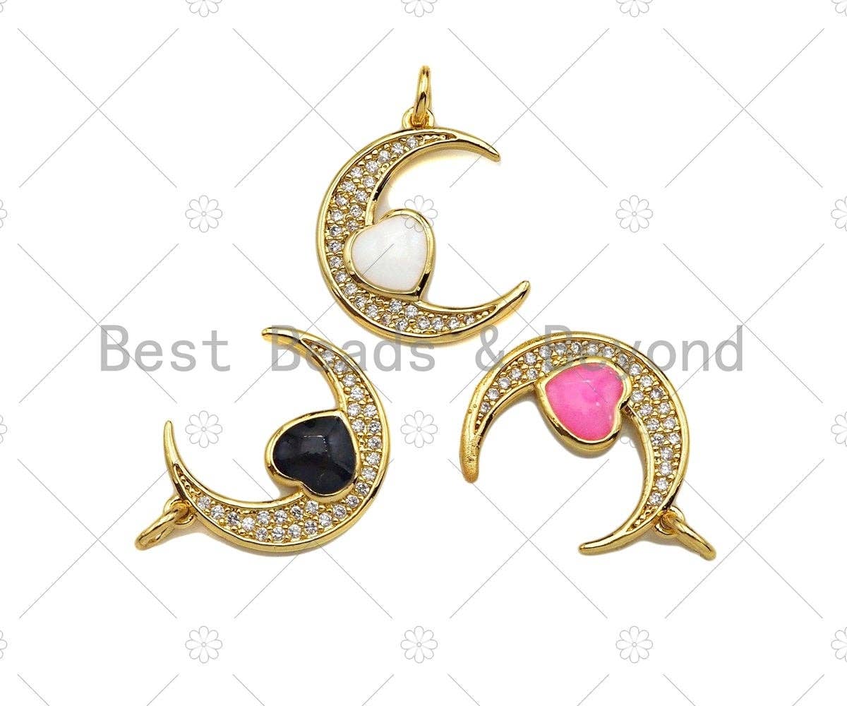 CZ Micro Pave Enamel Heart With Cresent Moon Pendant/Charm, White Pink Black Enamel Charm, Necklace Bracelet Charm Pendant,15x20mm, Sku#L479C