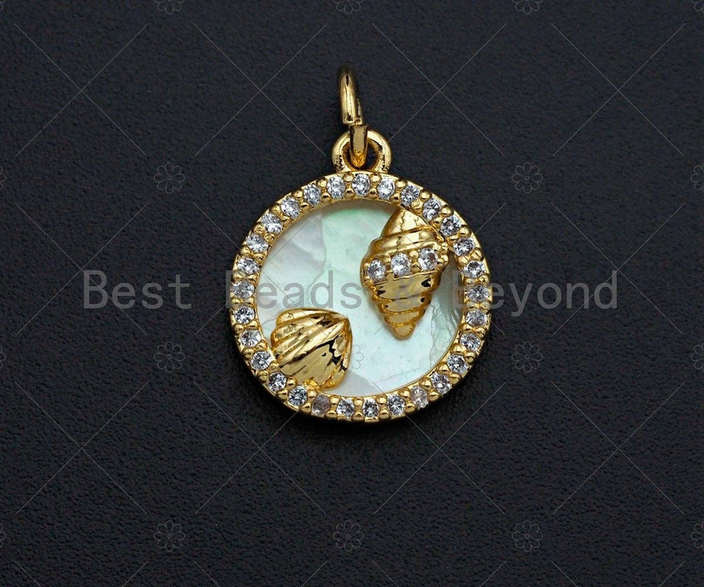 18K Gold CZ Micro Pave Sea Shell Inlay Charm, Mother-of-pearl Seashell Pendant Charm, Cubic Zirconia Charm, 12mm, sku#Z1128