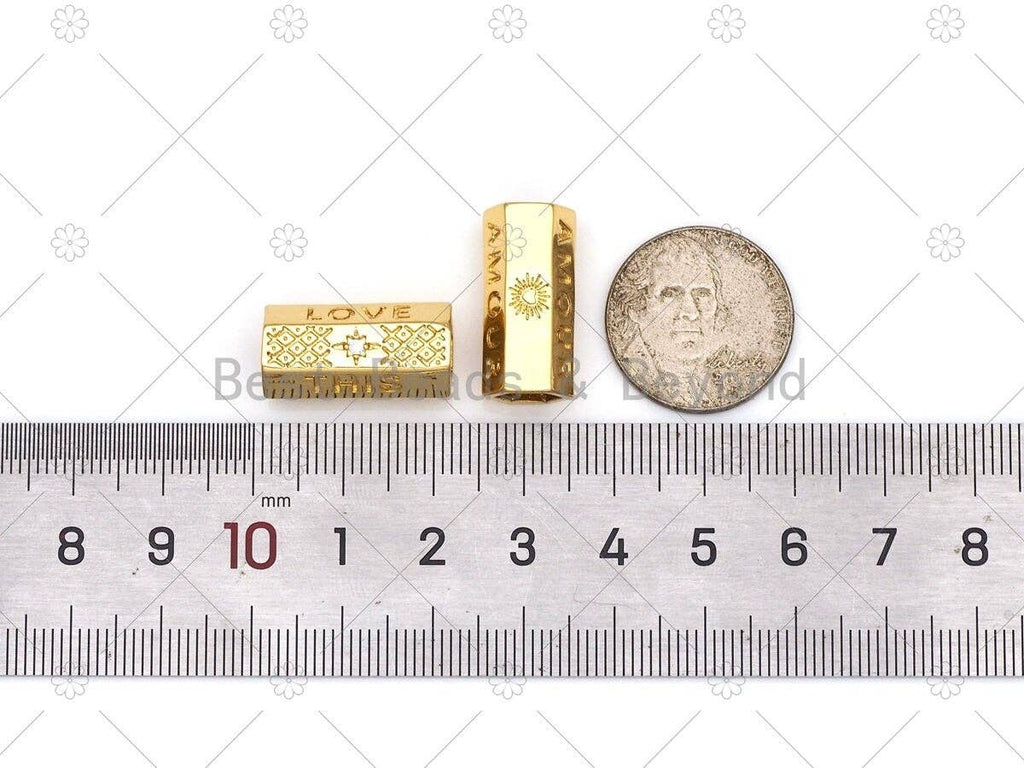 Love Word Heart/Amour Word North Star On Hexagon Shape Large Hole Tube Spacer Beads, 18K Gold Filled Beads, CZ Tube Spacer,10x21mm, Sku#Y521