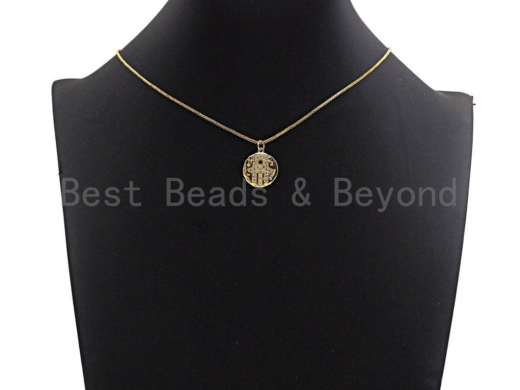Clear CZ Micro Pave Hamsa Hand on Disc Pendant/Charm,Hamsa Hand CZ Pendant, Silver/Gold/Rose Gold/Black Tone,16x18mm,Sku#Z444