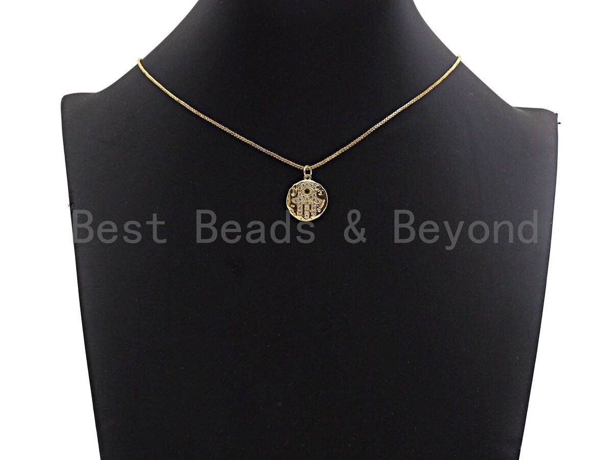 Clear CZ Micro Pave Hamsa Hand on Disc Pendant/Charm,Hamsa Hand CZ Pendant, Silver/Gold/Rose Gold/Black Tone,16x18mm,Sku#Z444