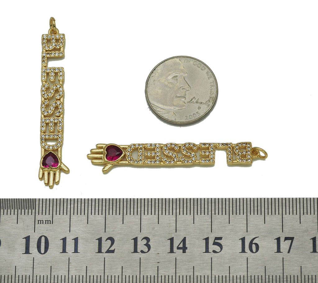 CZ Blessed Words with Hand Shape Charm, Sku#F1489