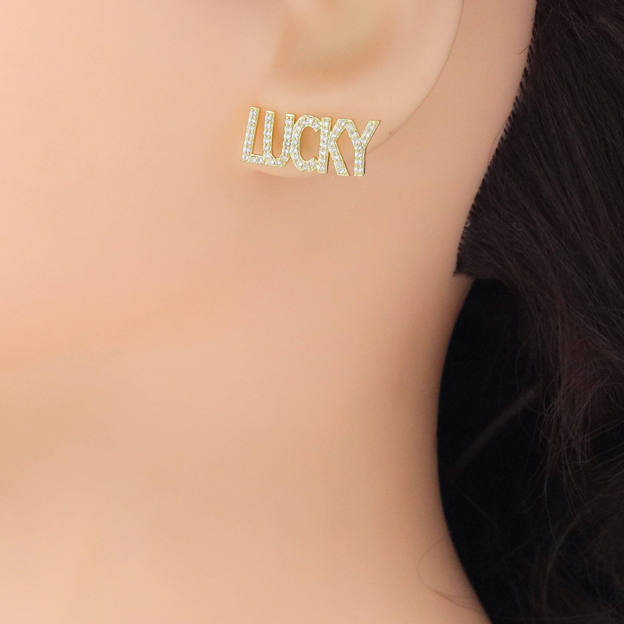 Clear CZ Lucky Word Earrings, Sku#A353