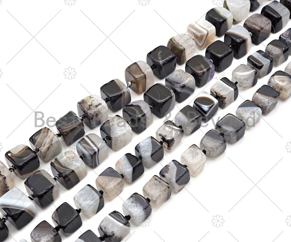 High Quality Natural Black White Druzy Agate Beads, 11mm/15mm Cube Smooth Agate, Necklace Bracelet Jewelry,15.5'' Full Strand,Sku#YK03