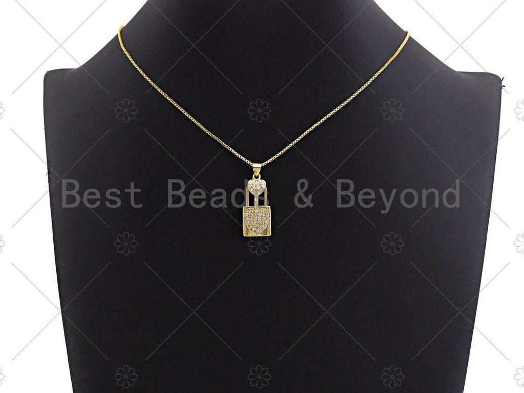 18K Gold CZ Micro Pave Lock with Key Pendant, Lock Pave Pendant, Gold Padlock, 12x26mm, Sku#LK18
