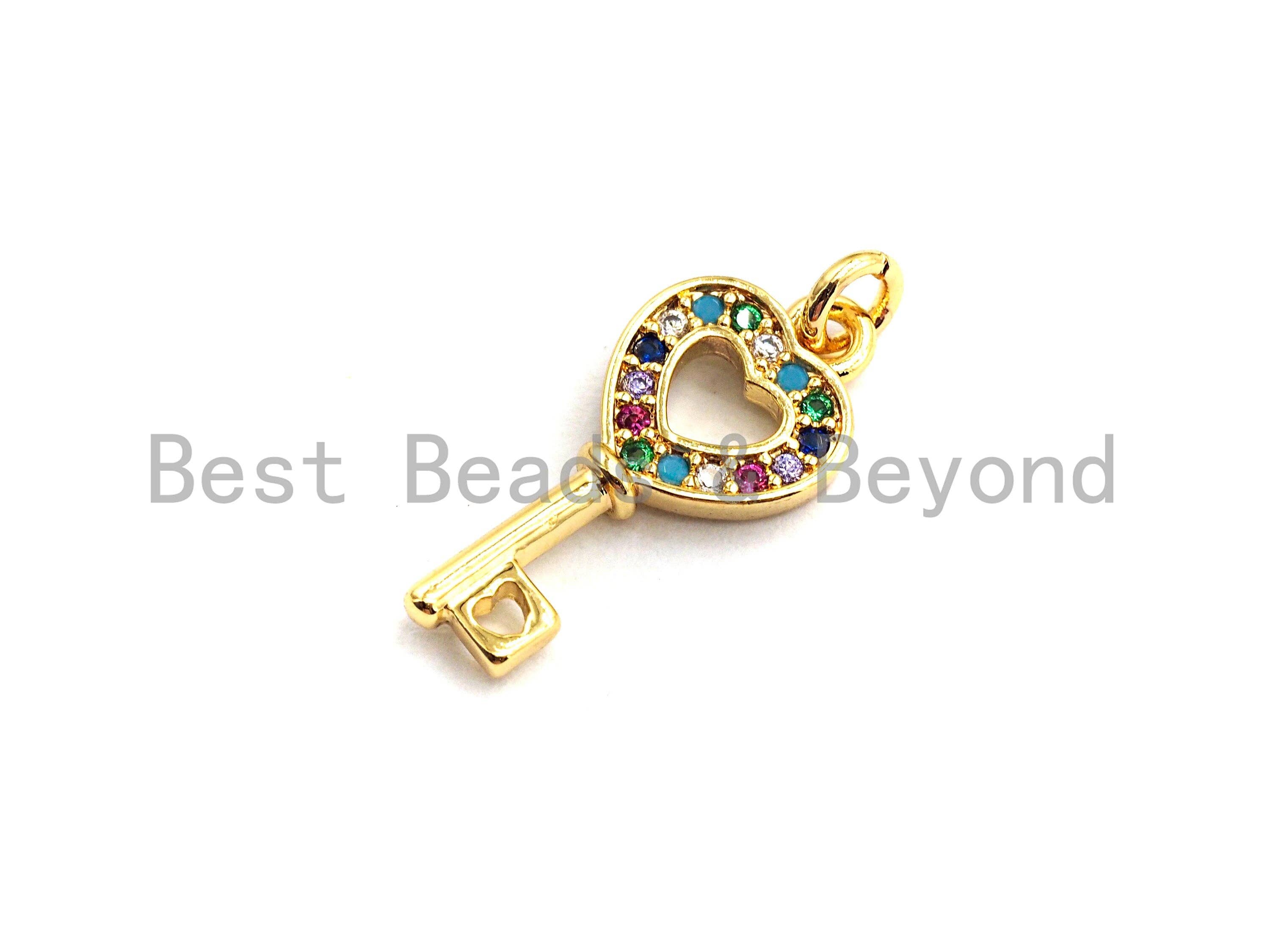 CZ Colorful Micro Pave Heart Shape Key Charm Pendant, Key Sh