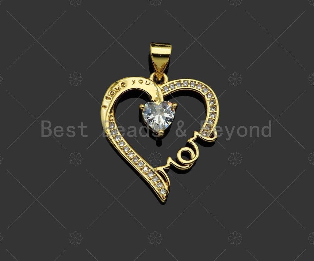 Gold Filled CZ Micro Pave Mom On Heart Frame Shape Pendant, 18K Gold Filled Heart Charm, Mother's Day, Necklace Charm,19x22mm,Sku#LD119