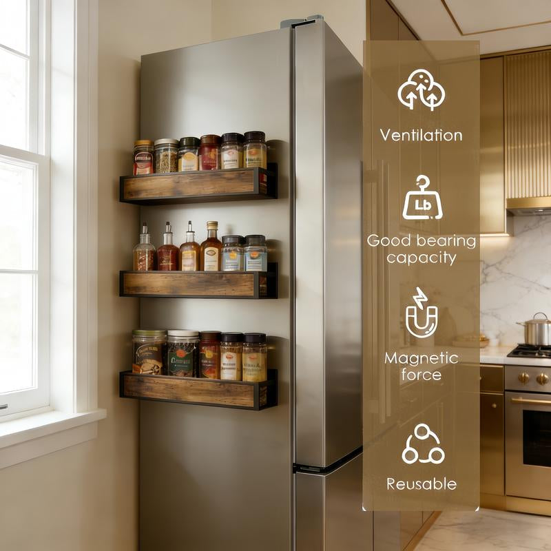 Magnetic Refrigerator Organizer Shelf｜No Drill Fridge Side Spice Rack｜Carbon Steel Magnetic Storage with Wood-Grain Look｜Strong Hold Space Saving Kitchen Organizer for Small Kitchens