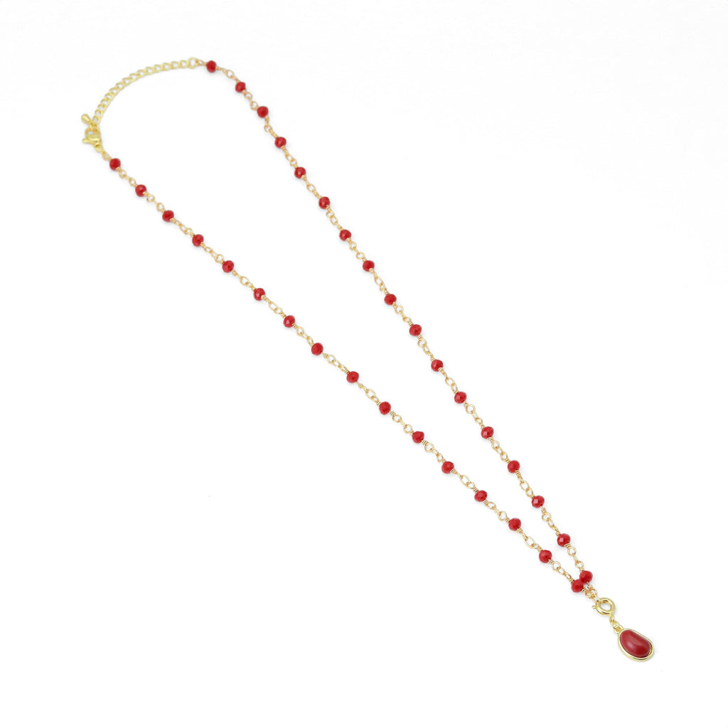 Red Beaded Chain with Red Bean Pendant Necklace, Sku#A368