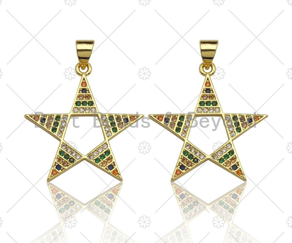 Mulicolor CZ Micro Pave Five point Star Shape Pendant, CZ Pave Star Charm, Gold Pave Star Pendant, 25mm, Sku#LK80