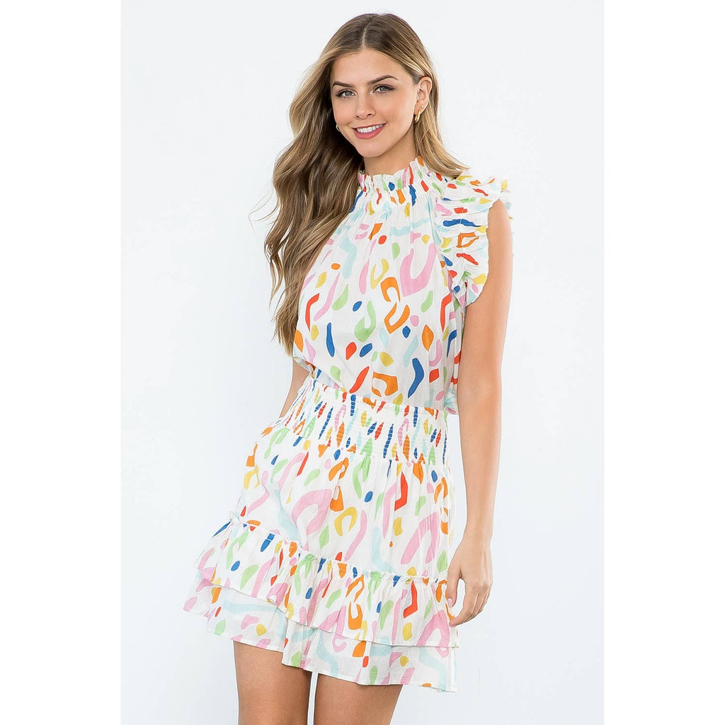 SAVANNAH- White Abstract Print Smocked Ruffle Skirt